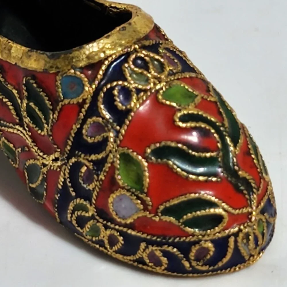 Enameled Cloisonne Miniature Shoe With Floral Design & Gold Detailing